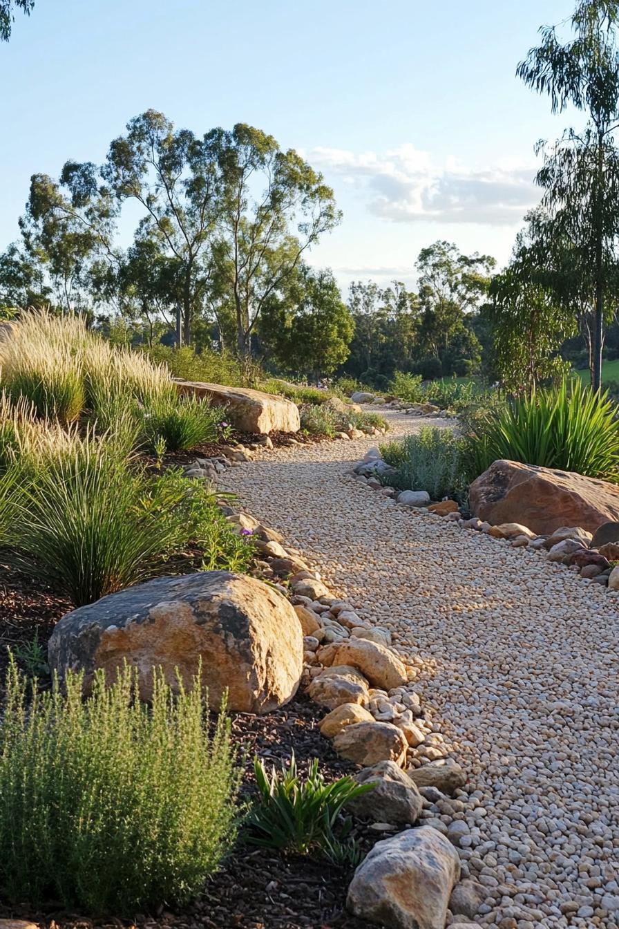 native australian garden with boulders runner plants native grasses eucalyptus gravel paths 1