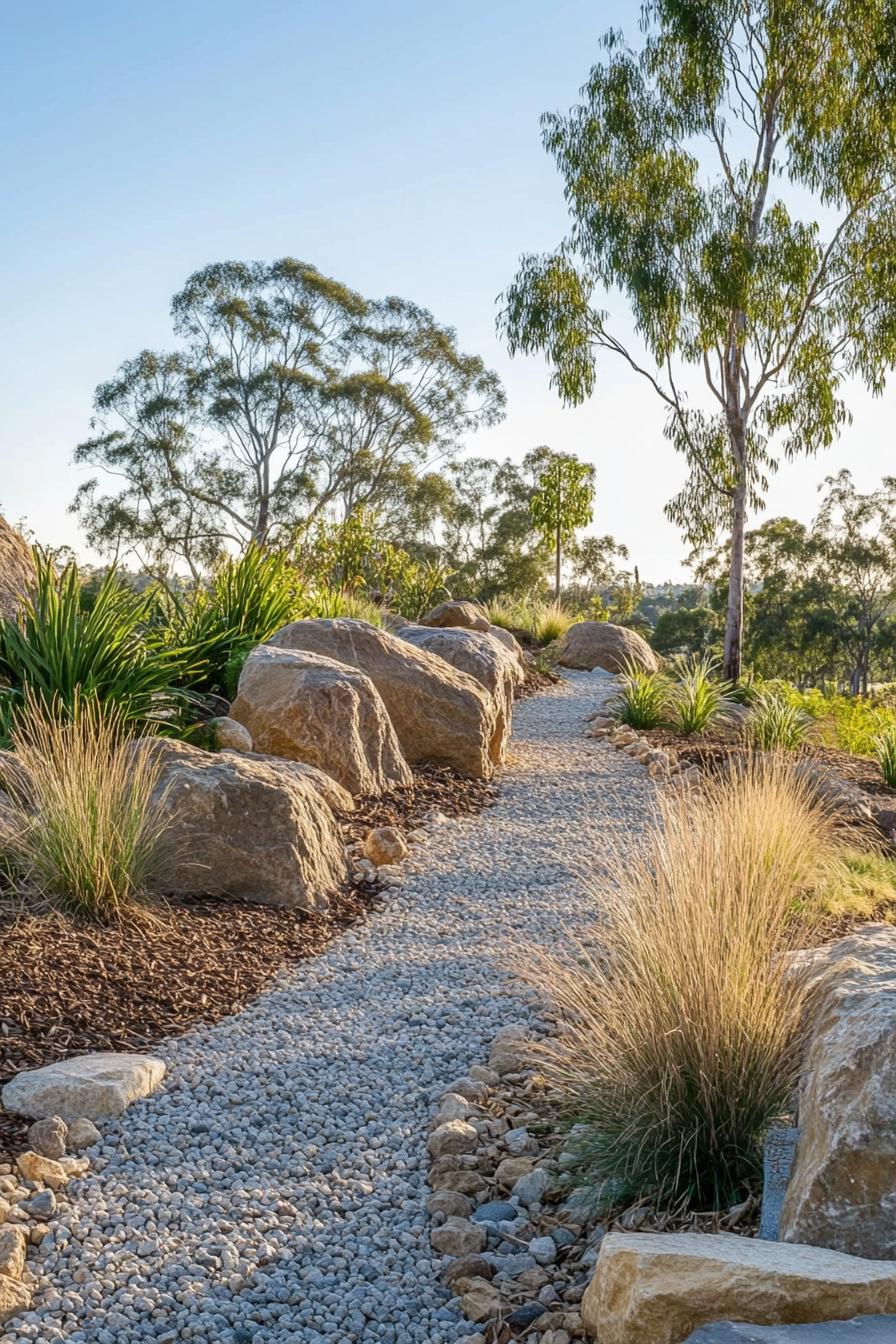 native australian garden with boulders runner plants native grasses eucalyptus gravel paths 2