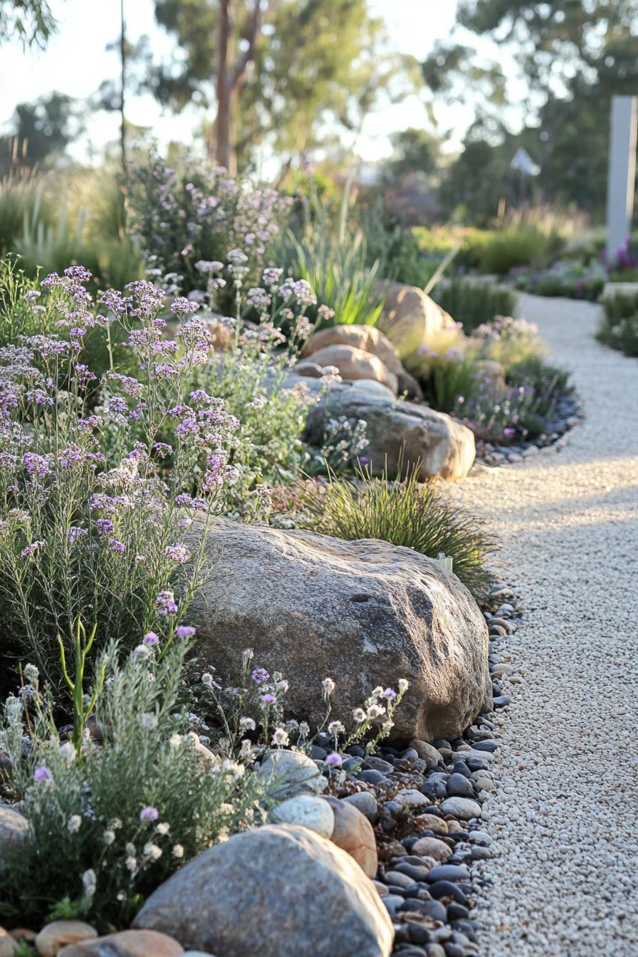 native australian garden with boulders runner plants native grasses eucalyptus gravel paths 3