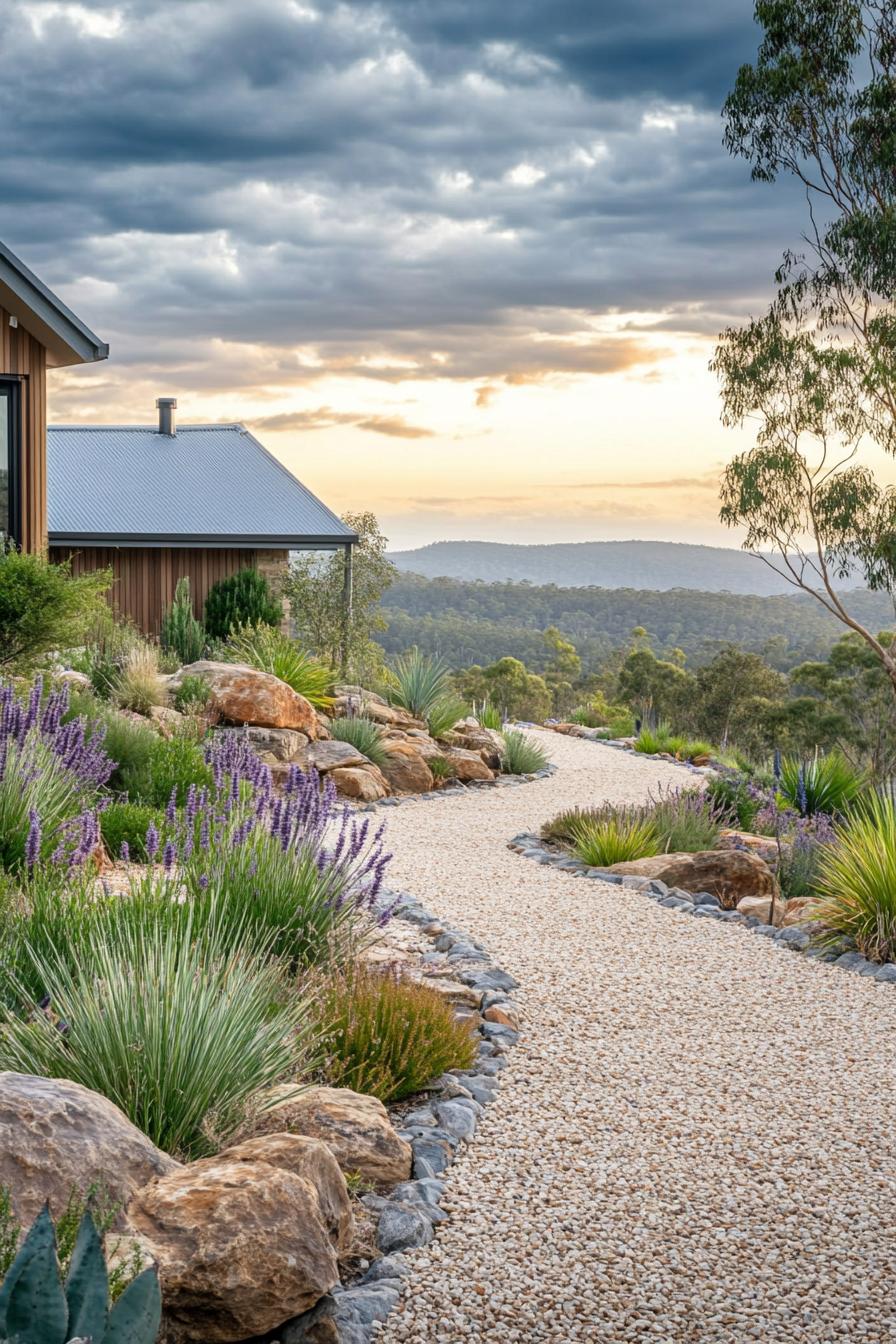 native australian garden with boulders runner plants native grasses eucalyptus gravel paths