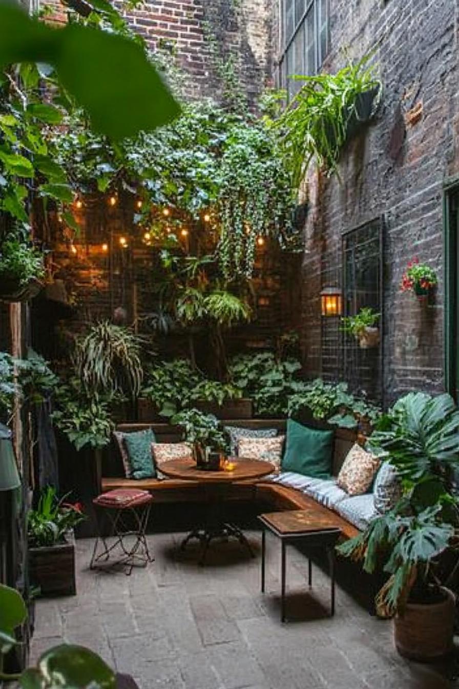 tiny backyard patio garden between brick walls with vines wall planters with lush leafy plants benches with cushions and pillows wooden table 1