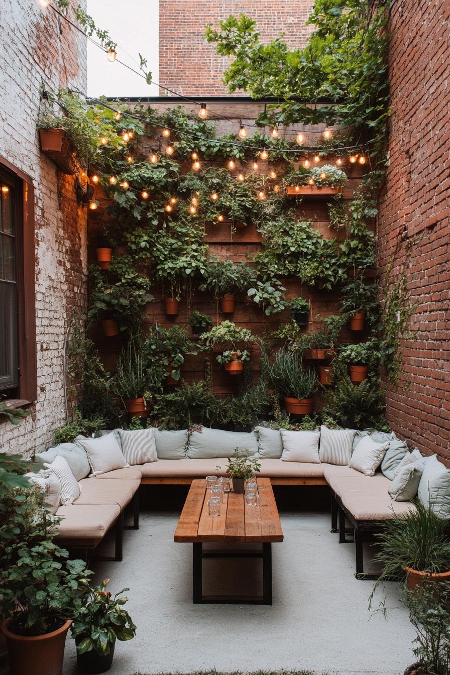 tiny backyard patio garden between brick walls with vines wall planters with lush leafy plants benches with cushions and pillows wooden table 2