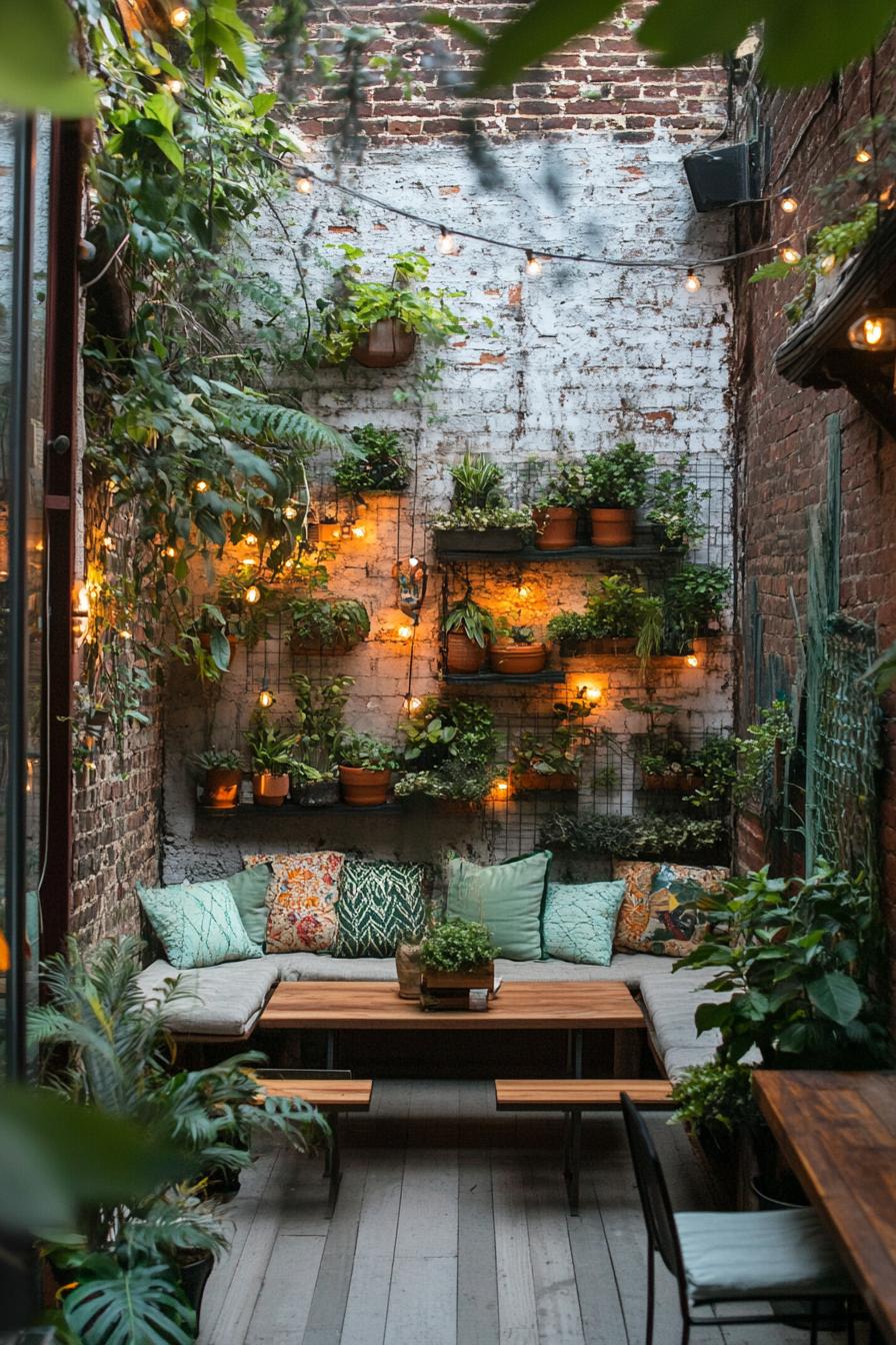 tiny backyard patio garden between brick walls with vines wall planters with lush leafy plants benches with cushions and pillows wooden table 3