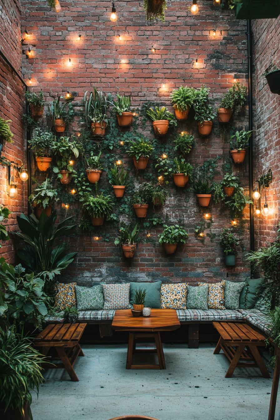 tiny backyard patio garden between brick walls with vines wall planters with lush leafy plants benches with cushions and pillows wooden table