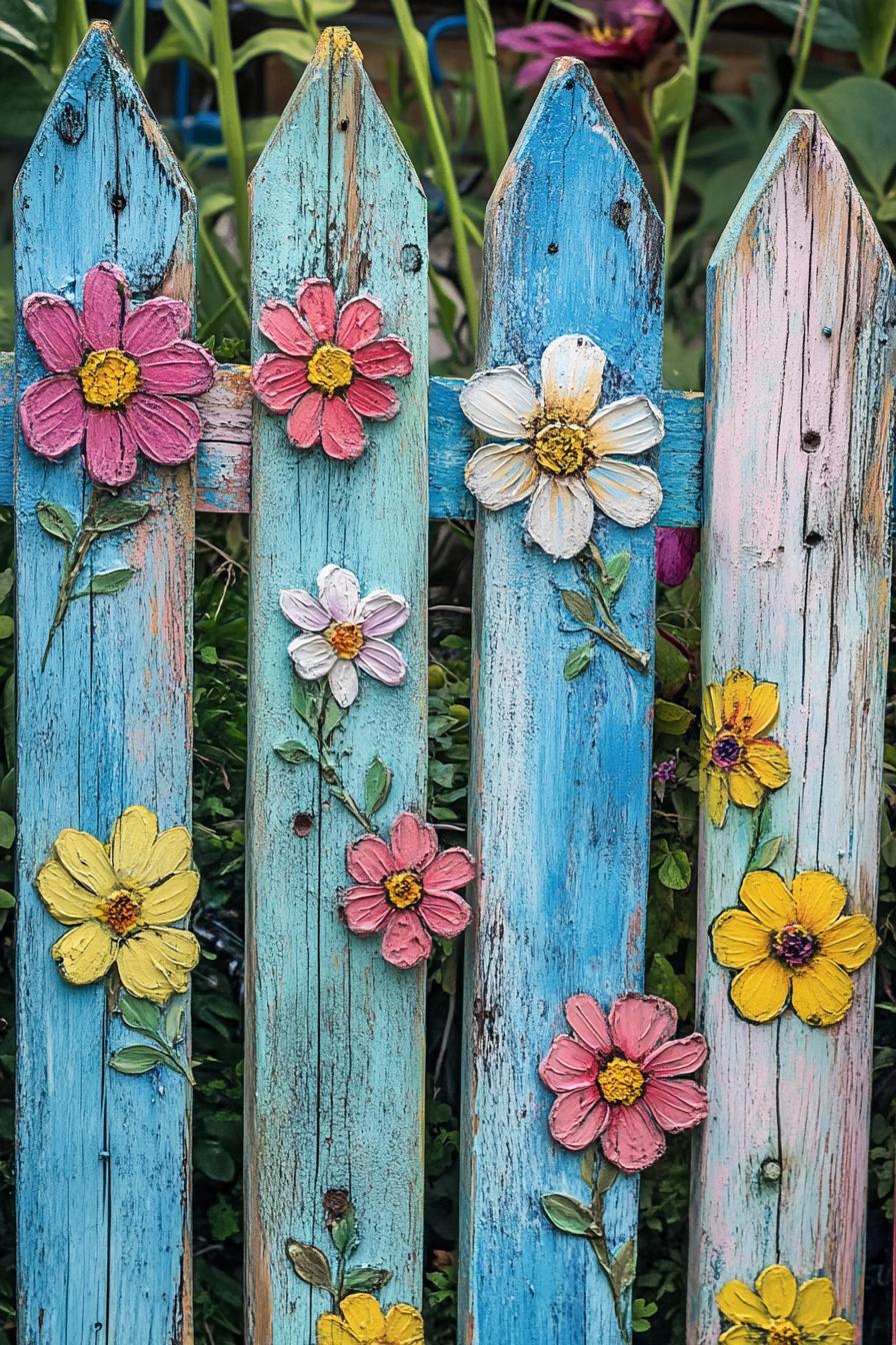 wooden picket fence art painted flowers in various colors