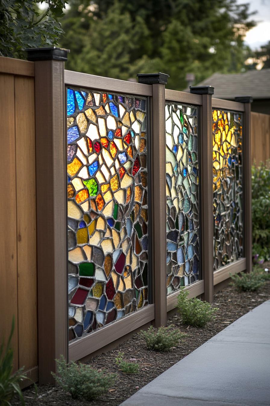 modern backyard fence with stained glass mosaic panels 1