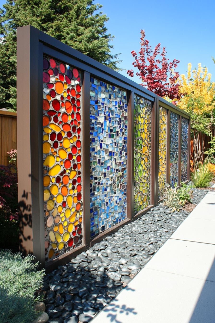 modern backyard fence with stained glass mosaic panels