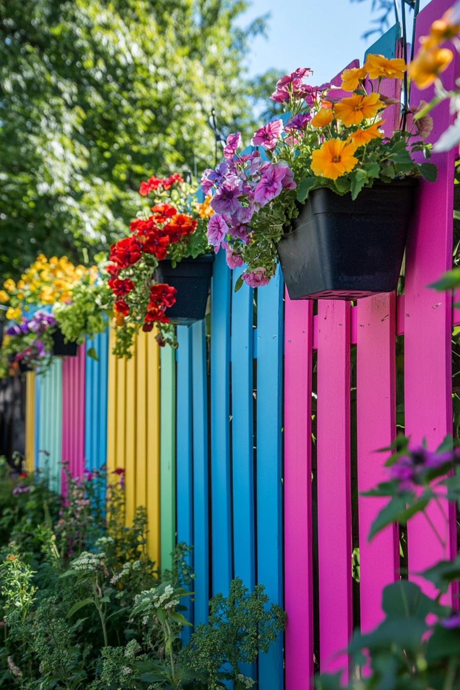 backyard garden fence with multi color slats and hanging flower planters