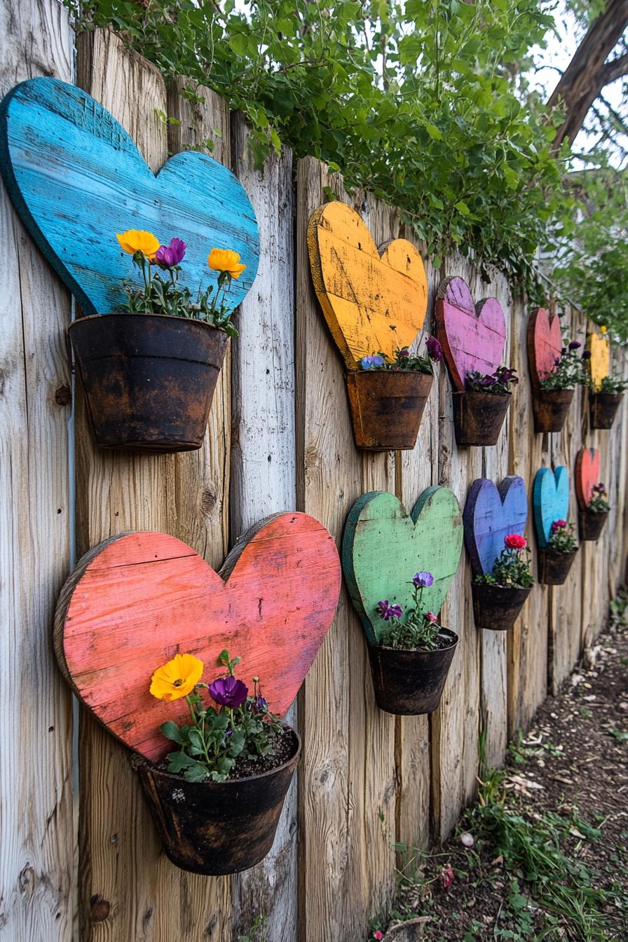 backyard garden fence with pallet wood art made into heart shapes and painted in various colors each heart has a flower planter attached to it