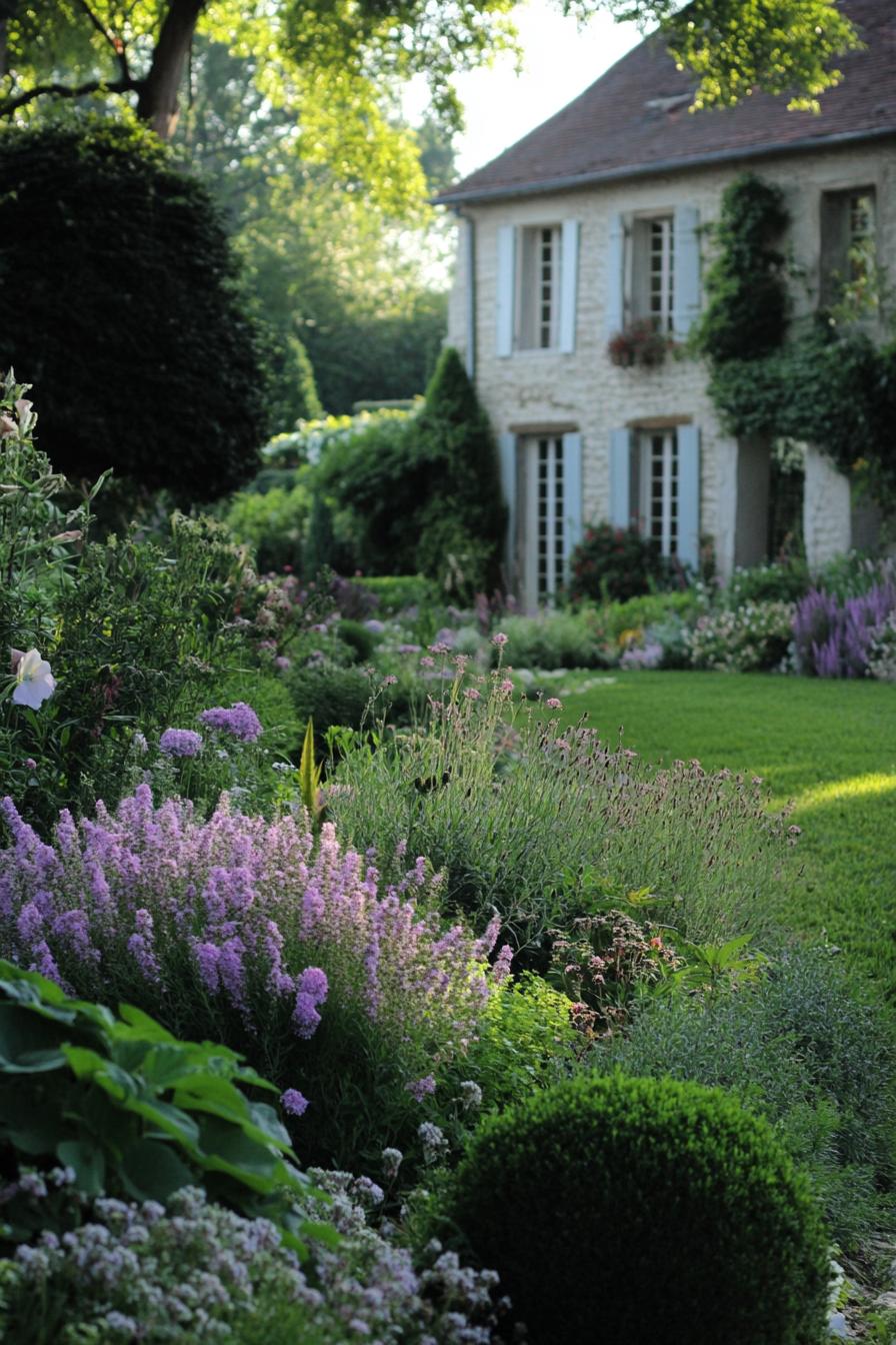 French garden with lawn native flowers geometric shrubs 2