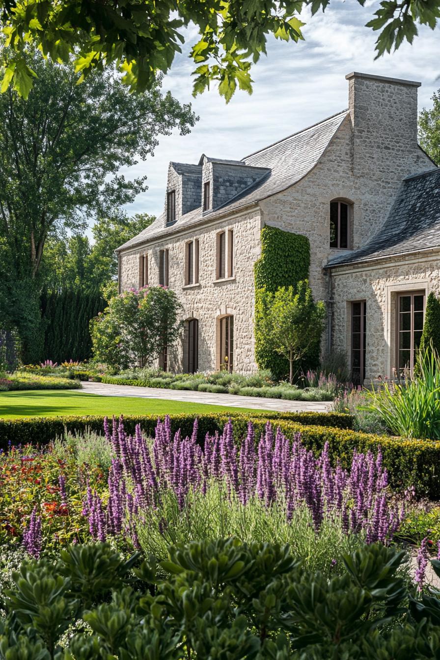 French garden with lawn native flowers geometric shrubs 3