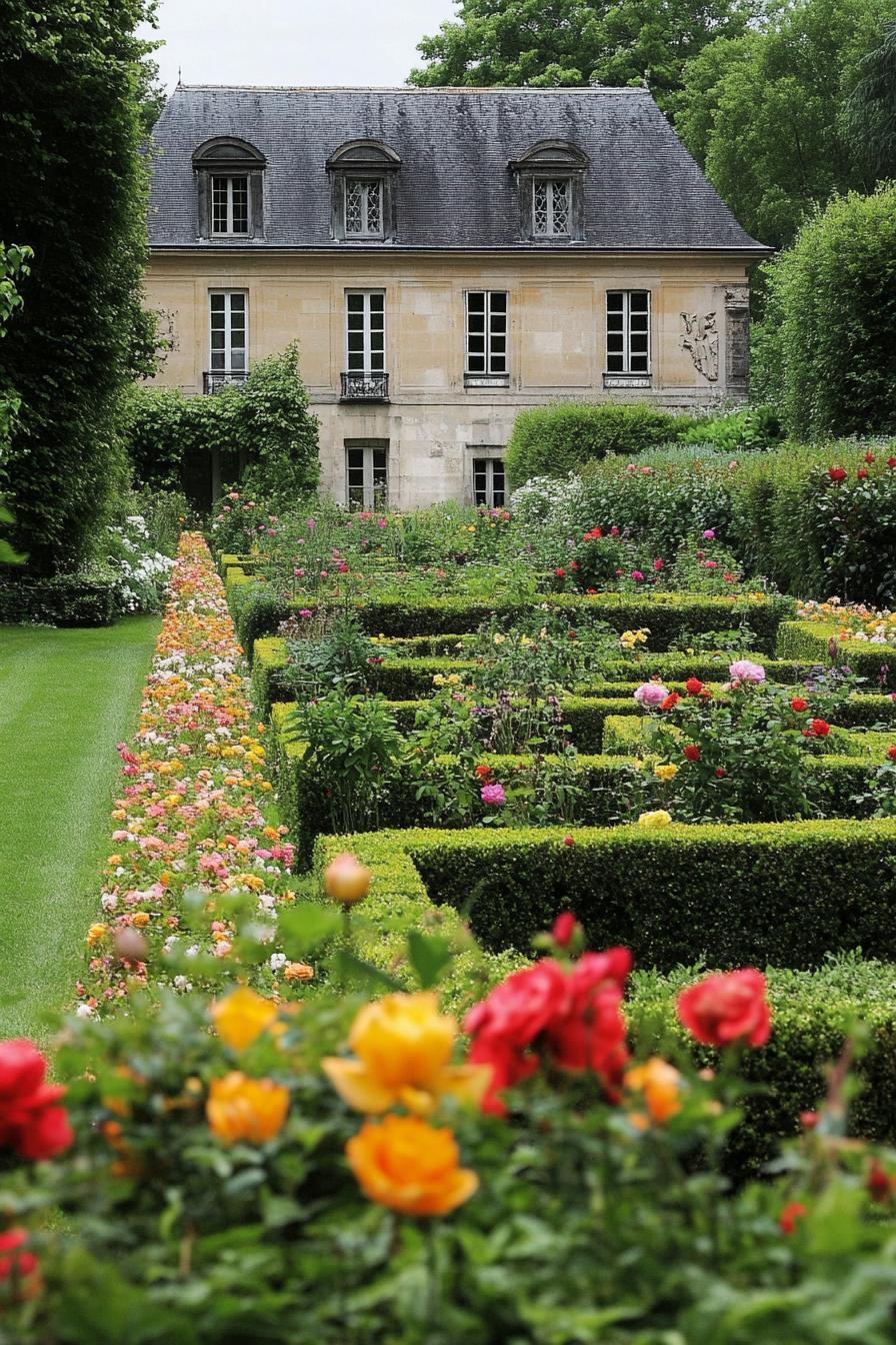 French garden with lawn native flowers geometric shrubs