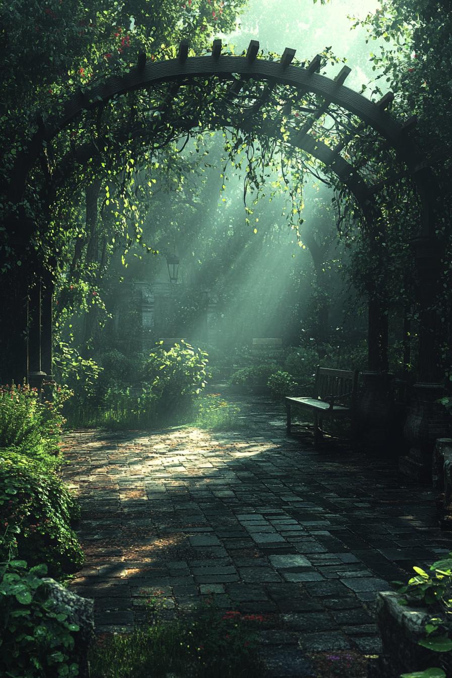 a dark foreground of enclosed lush garden with light coming through an arbor overgrown with vines in the light in front is a tiny garden with shrub 1