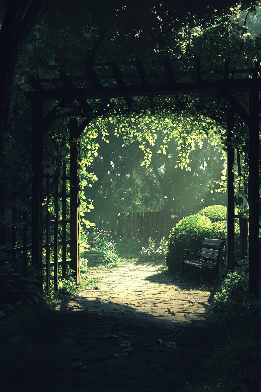 a dark foreground of enclosed lush garden with light coming through an arbor overgrown with vines in the light in front is a tiny garden with shrub 2