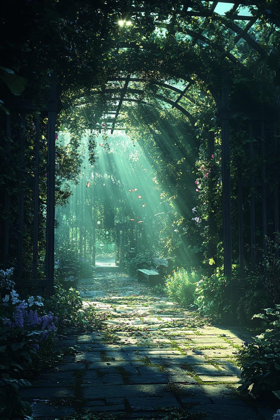 a dark foreground of enclosed lush garden with light coming through an arbor overgrown with vines in the light in front is a tiny garden with shrub 3