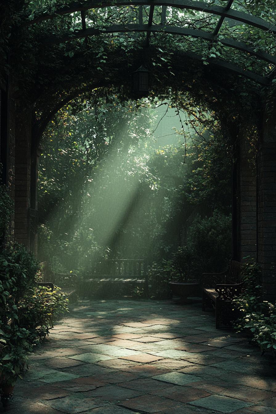 a dark foreground of enclosed lush garden with light coming through an arbor overgrown with vines in the light in front is a tiny garden with shrub