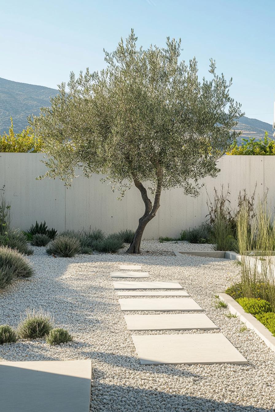 a gravel garden surrounded by white concrete fencing walls a lush olive tree in the center there are concrete paver paths 1