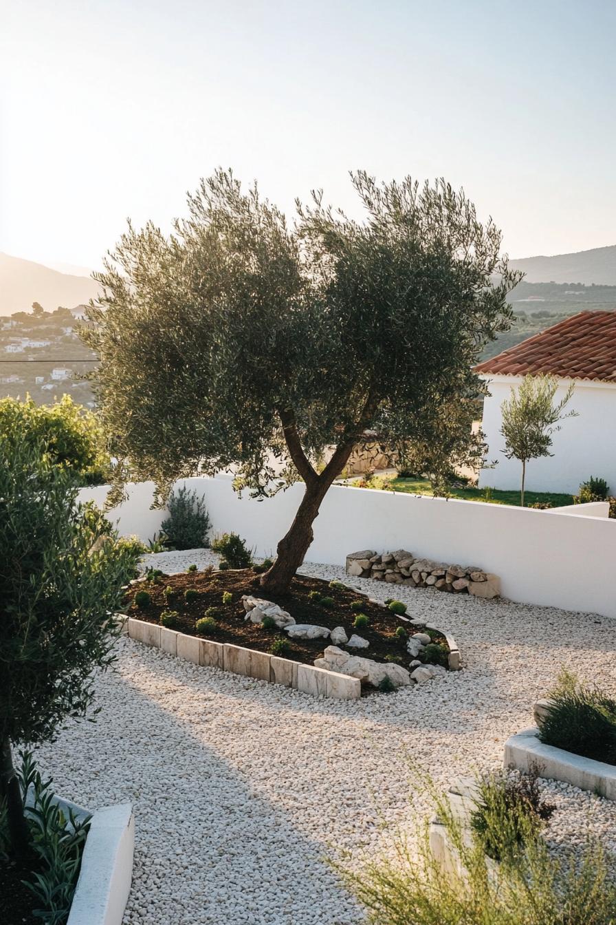 a gravel garden surrounded by white concrete fencing walls a lush olive tree in the center there are concrete paver paths 2