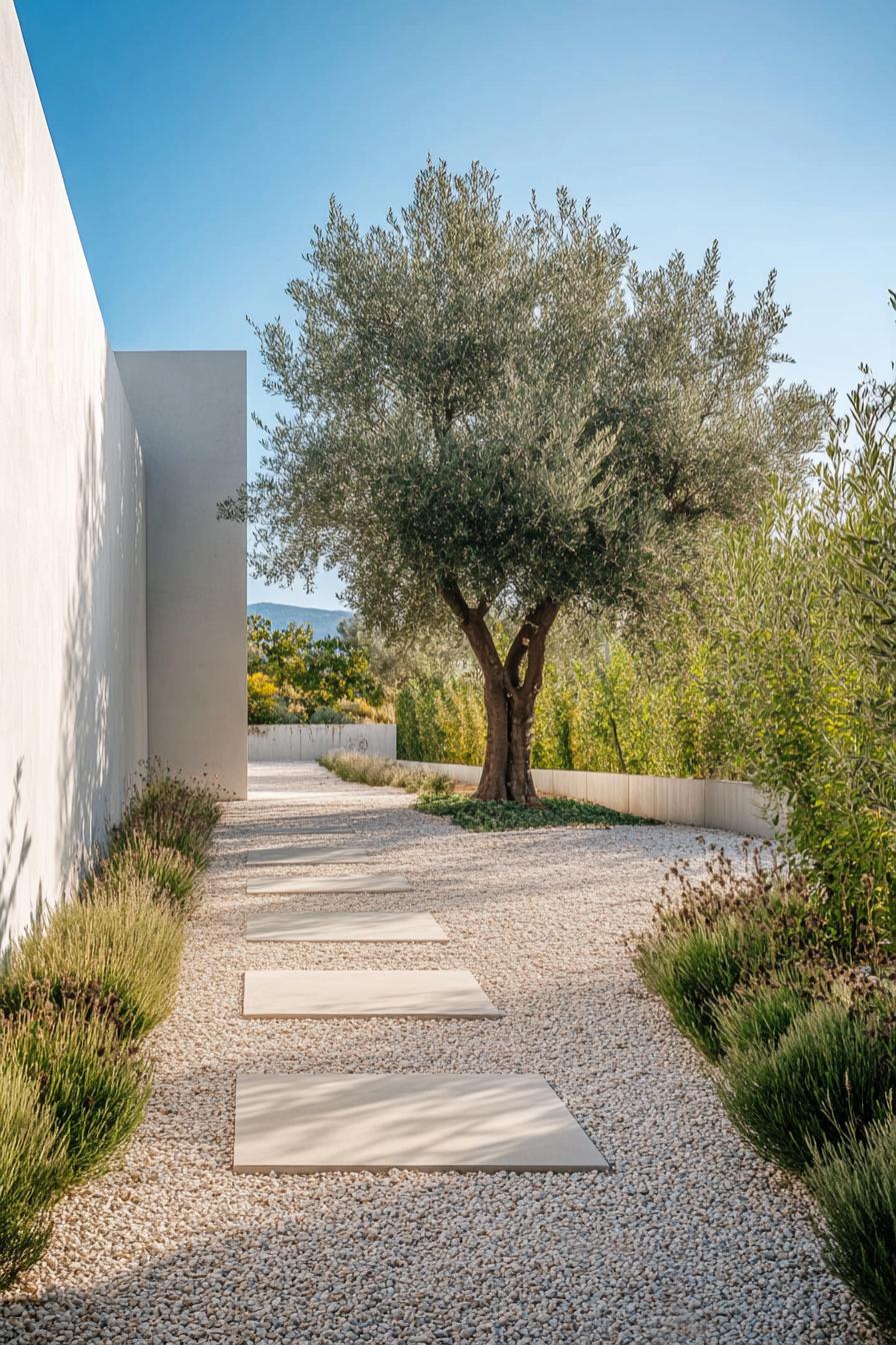 a gravel garden surrounded by white concrete fencing walls a lush olive tree in the center there are concrete paver paths 3