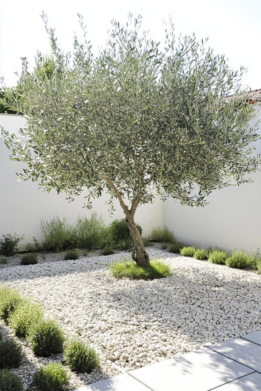 a gravel garden surrounded by white concrete fencing walls a lush olive tree in the center there are concrete paver paths