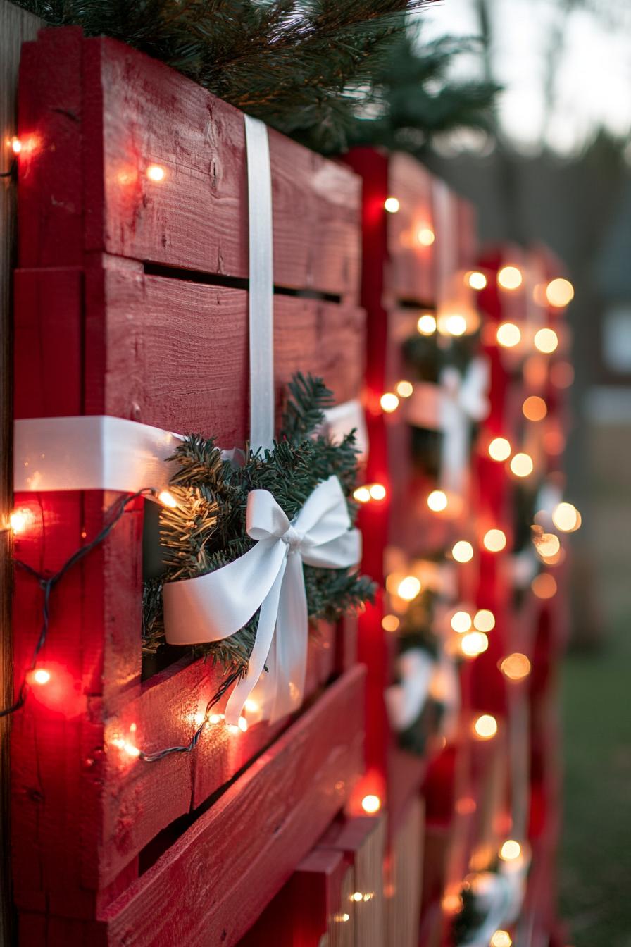 backyard Christmas decor with pallets painted red and wrapped in white ribbon and string lights they appear like Christmas gifts 1