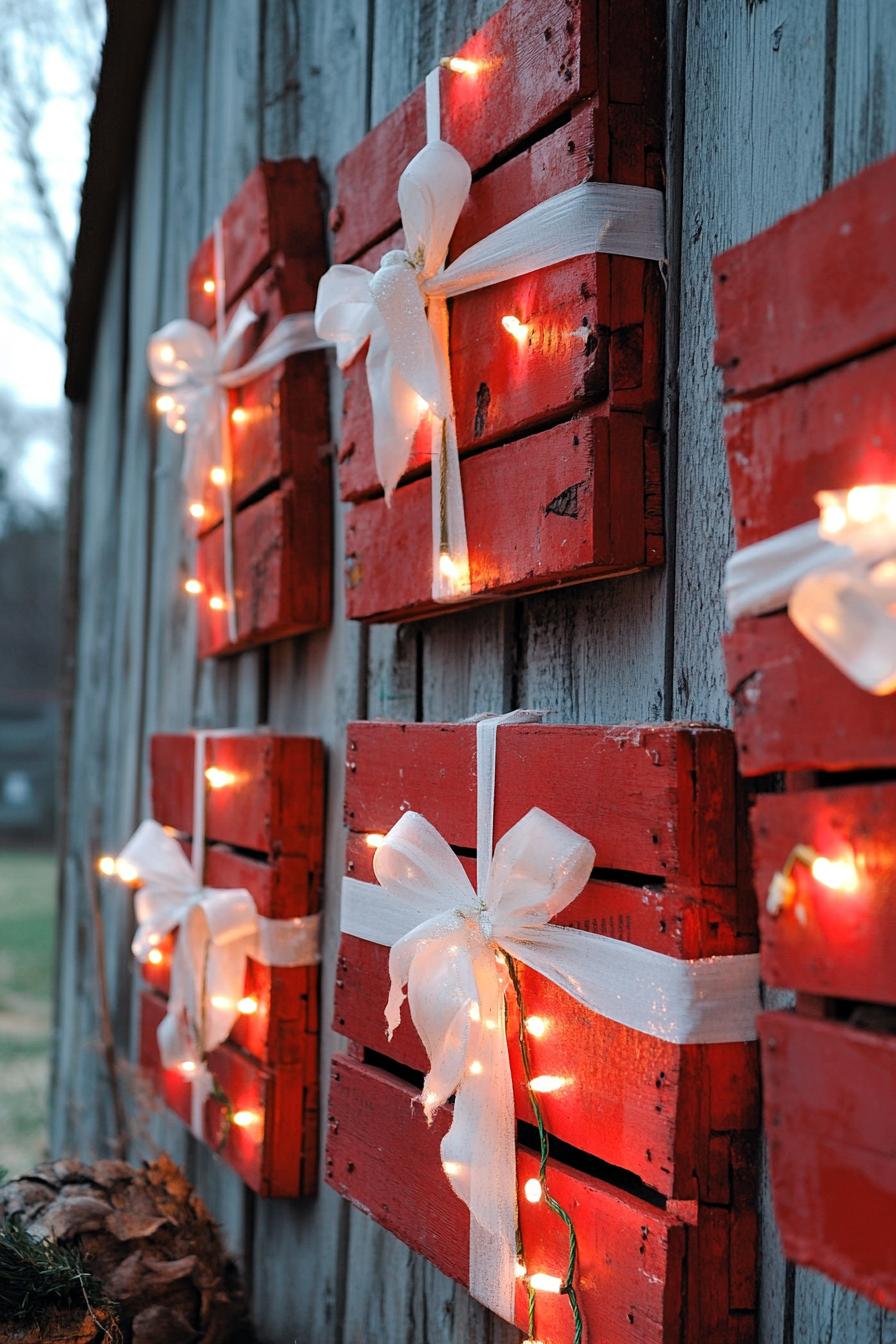 backyard Christmas decor with pallets painted red and wrapped in white ribbon and string lights they appear like Christmas gifts 2