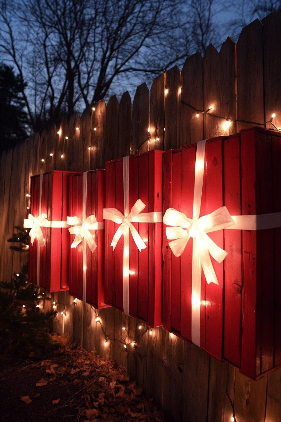 backyard Christmas decor with pallets painted red and wrapped in white ribbon and string lights they appear like Christmas gifts 3