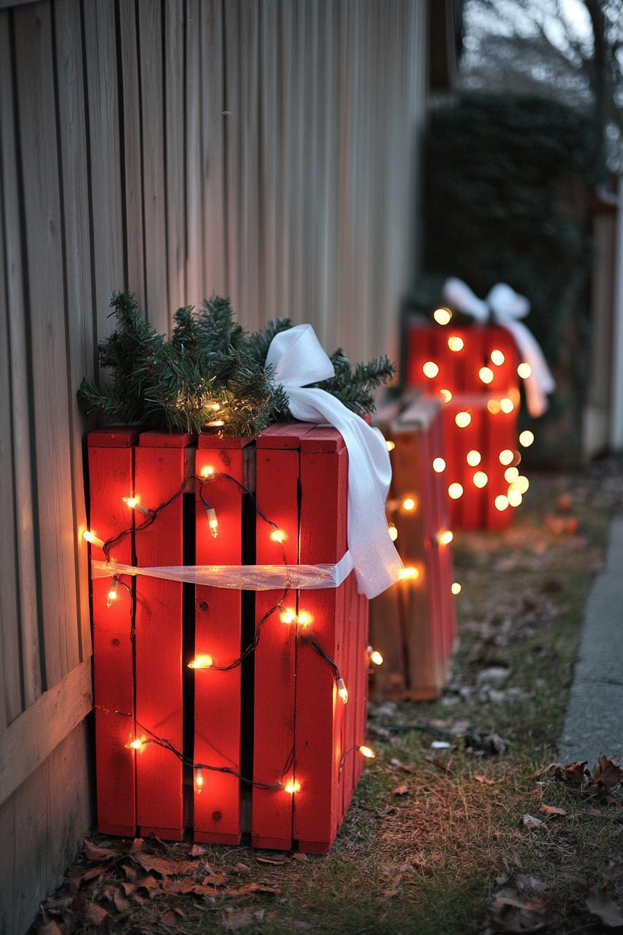 backyard Christmas decor with pallets painted red and wrapped in white ribbon and string lights they appear like Christmas gifts