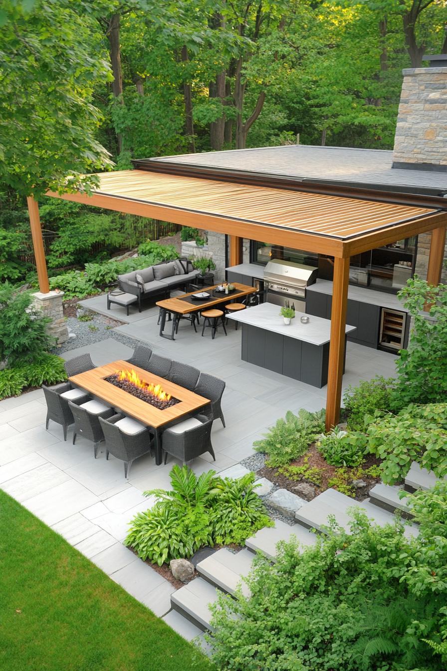 high angle view of modern house pergola covered outdoor kitchen with bbq dining table on patio fire pit with lounge chairs on deck v 6.1