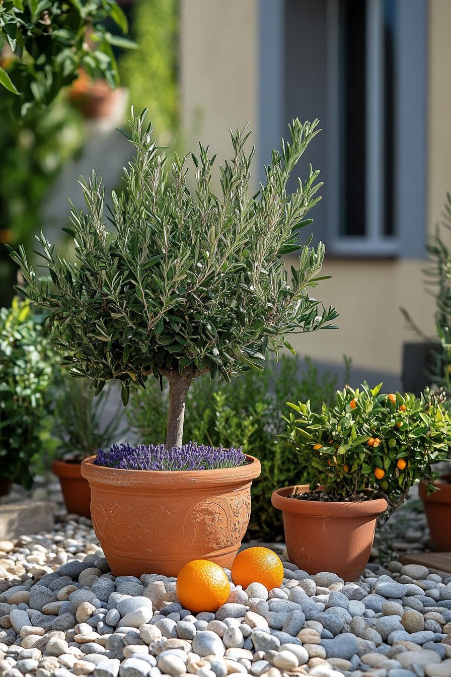 italian yard garden with potted lavender rosemary potted citrus tree in a planter with pebbles terracotta pots pebbles confined yard area 1