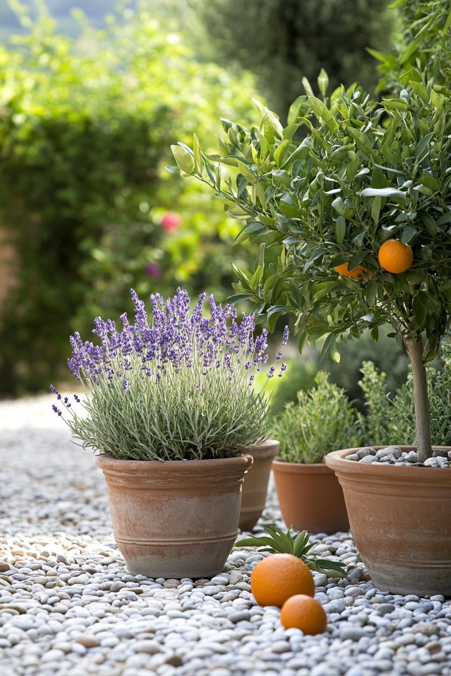 italian yard garden with potted lavender rosemary potted citrus tree in a planter with pebbles terracotta pots pebbles confined yard area