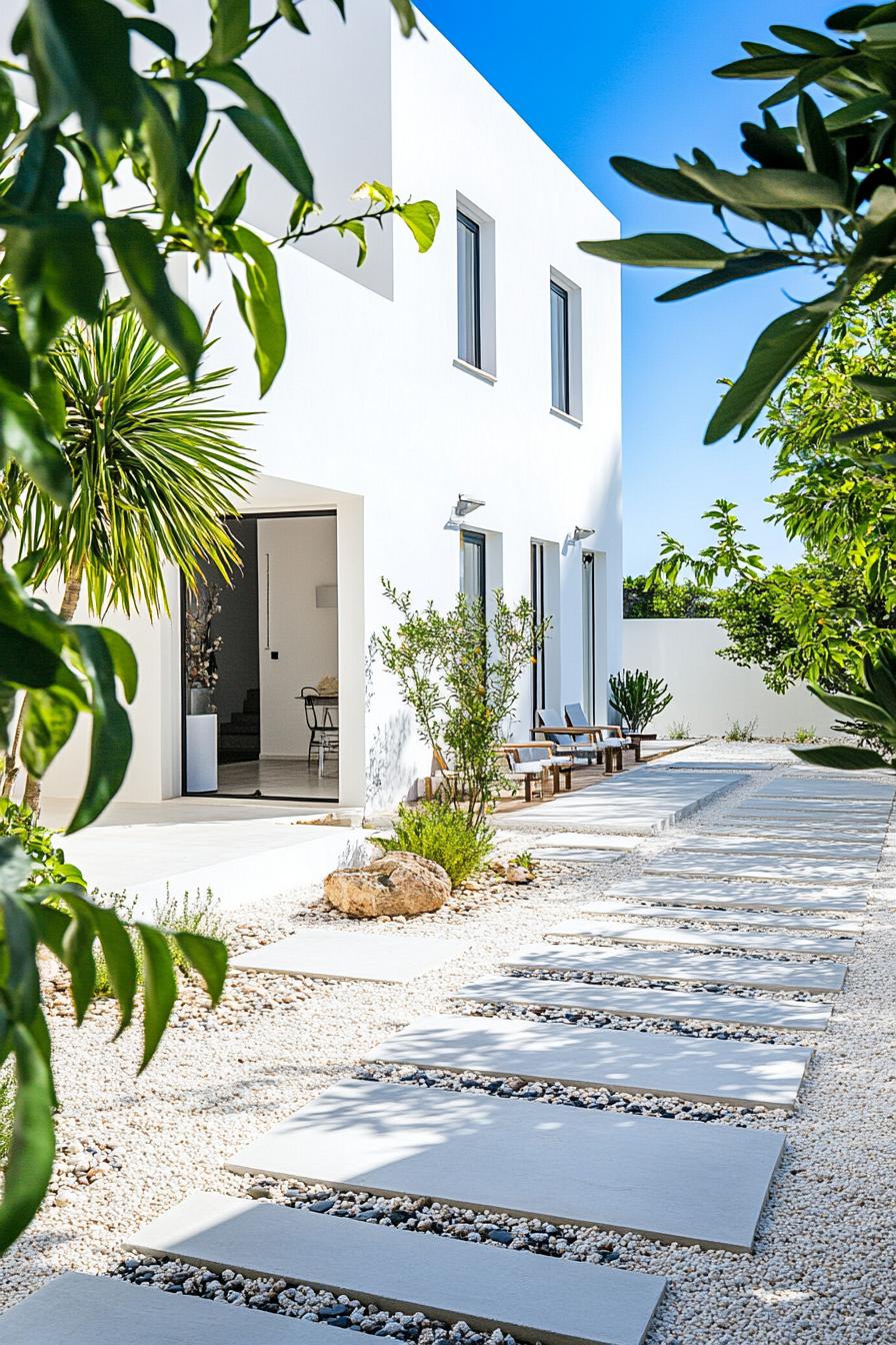 mediterranean inner courtyard garden of a modern white villa with geometric paving with concrete and pebbles native plants outdoor kitchen area 1