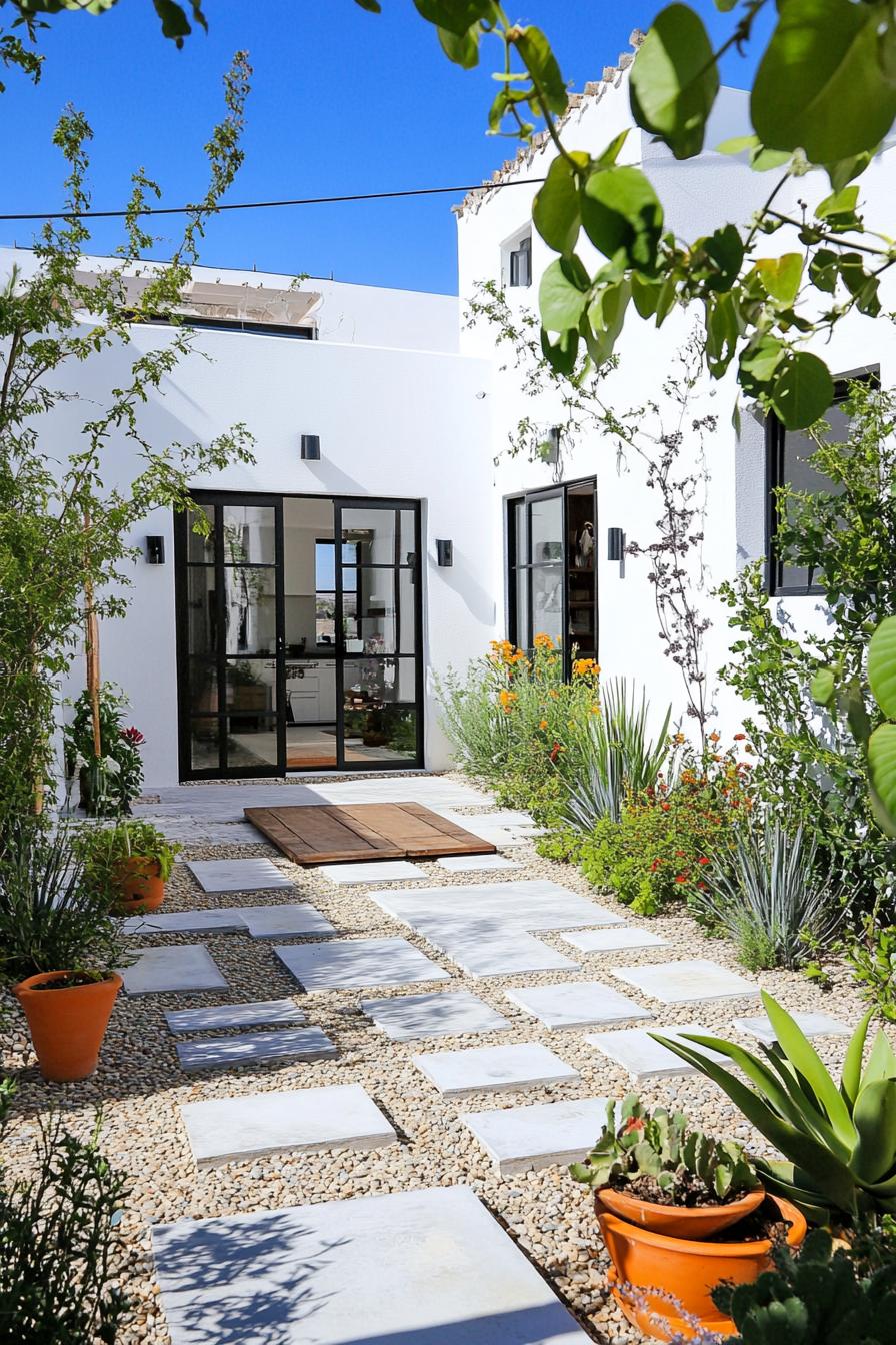 mediterranean inner courtyard garden of a modern white villa with geometric paving with concrete and pebbles native plants outdoor kitchen area 2