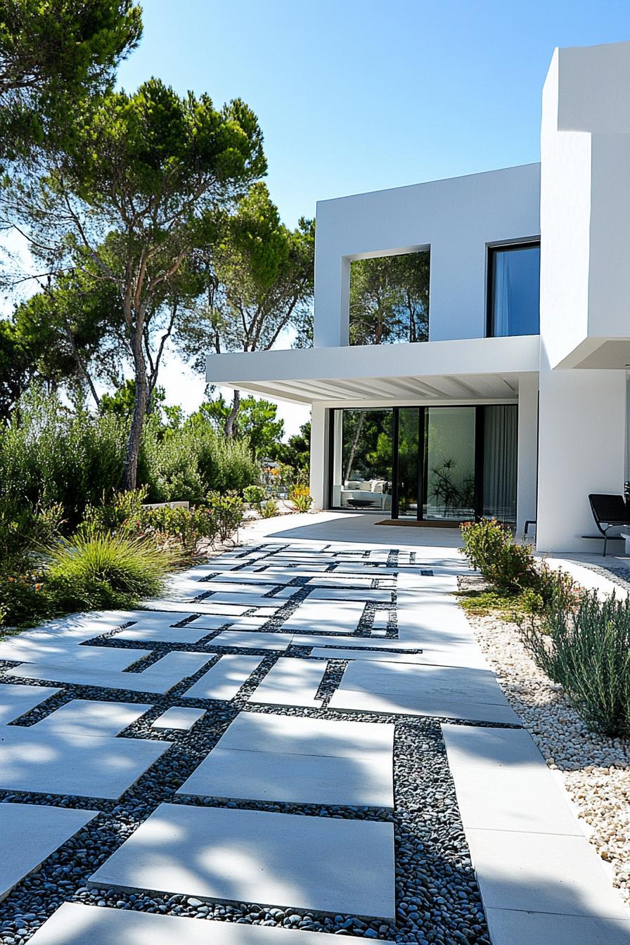 mediterranean inner courtyard garden of a modern white villa with geometric paving with concrete and pebbles native plants outdoor kitchen area 3