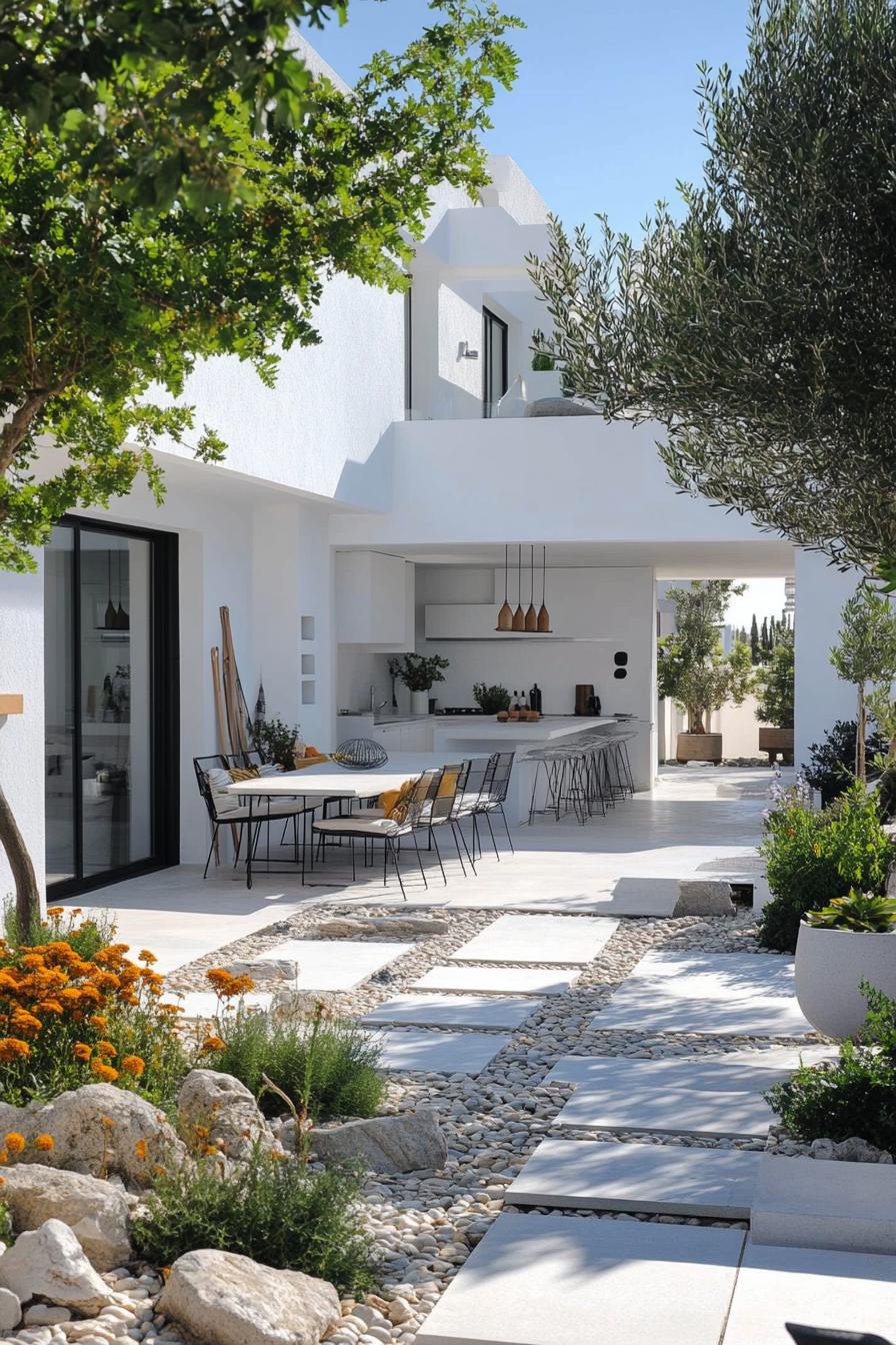 mediterranean inner courtyard garden of a modern white villa with geometric paving with concrete and pebbles native plants outdoor kitchen area