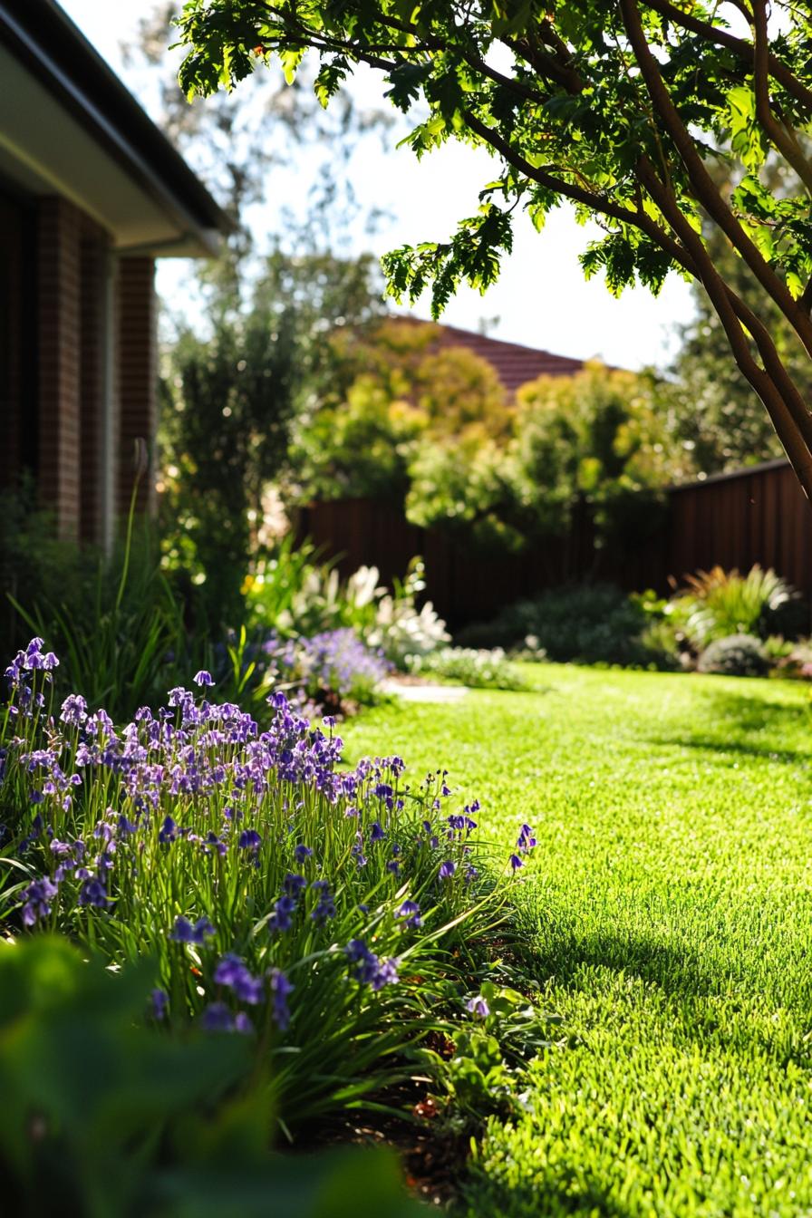 native austrialian garden with australian flowers bluebells violets banksias green lawn backyard 1