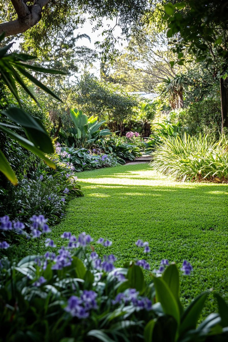 native austrialian garden with australian flowers bluebells violets banksias green lawn backyard 2