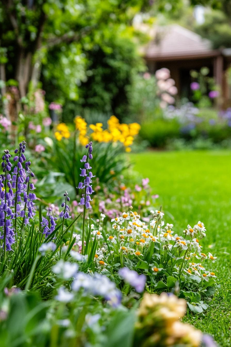 native austrialian garden with australian flowers bluebells violets banksias green lawn backyard 3