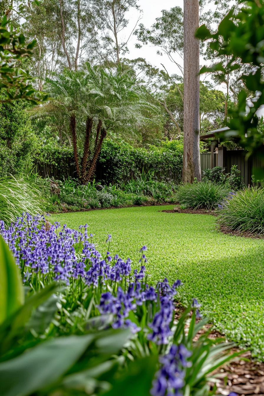 native austrialian garden with australian flowers bluebells violets banksias green lawn backyard