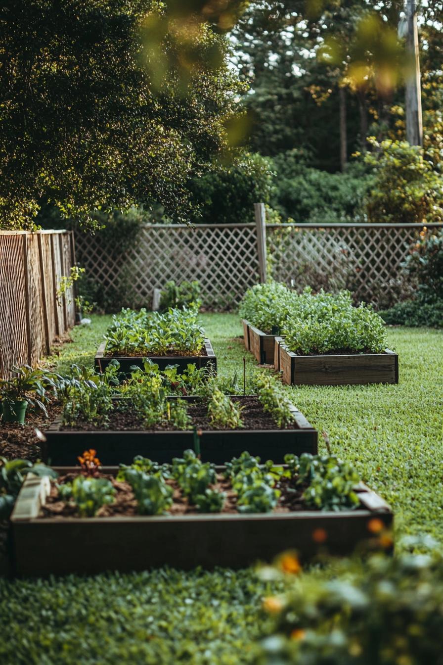 symmetrical veggie planter bloxes on a backyard garden lawn fenced off with lattice fencing 1