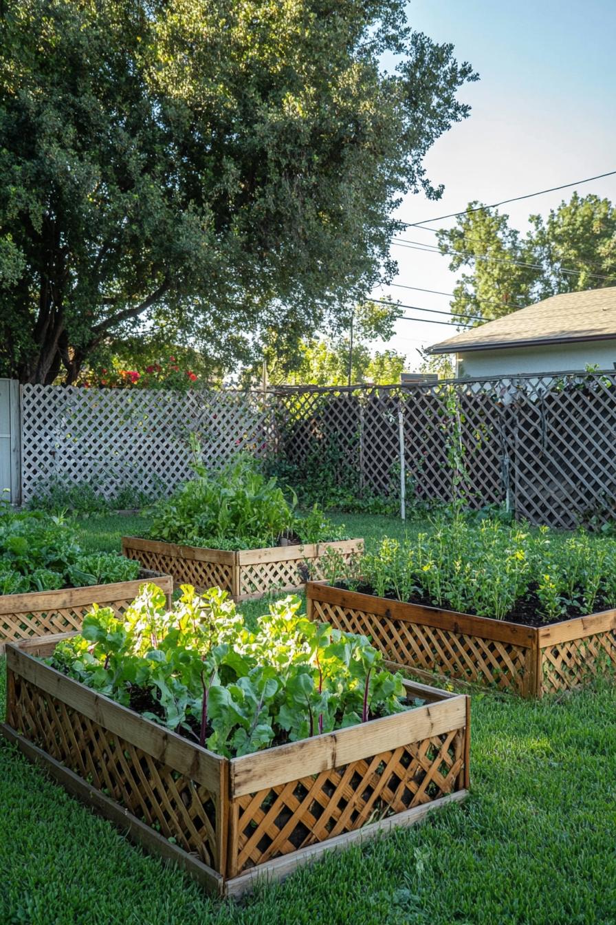 symmetrical veggie planter bloxes on a backyard garden lawn fenced off with lattice fencing 2