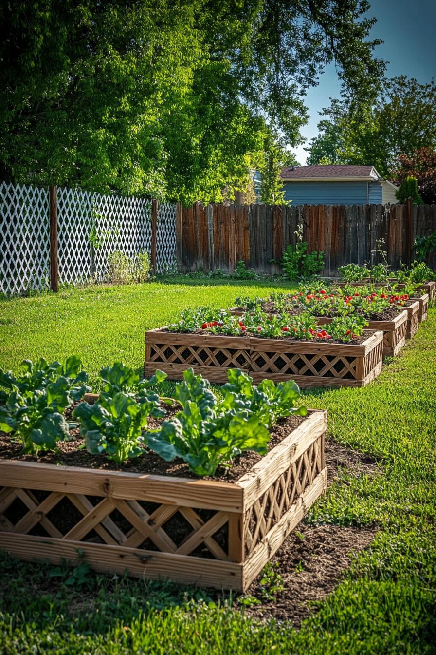 symmetrical veggie planter bloxes on a backyard garden lawn fenced off with lattice fencing