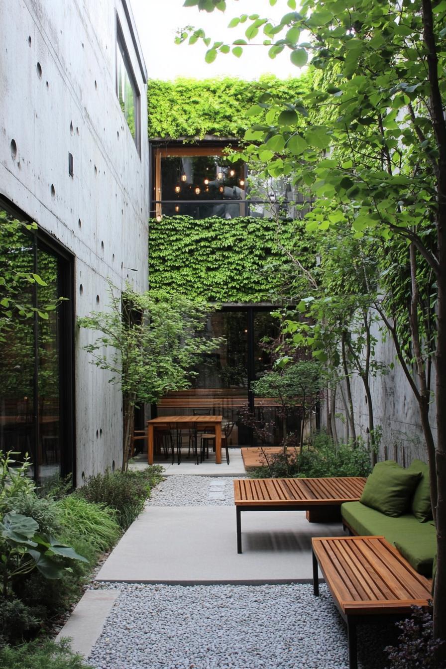 tiny backyard patio zen garden between concrete walls with vines there are young trees lined against one wall there is wooden deck with benches and 2