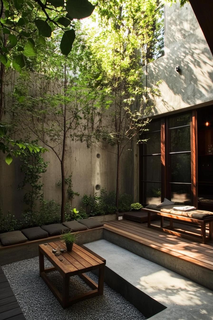 tiny backyard patio zen garden between concrete walls with vines there are young trees lined against one wall there is wooden deck with benches and 3