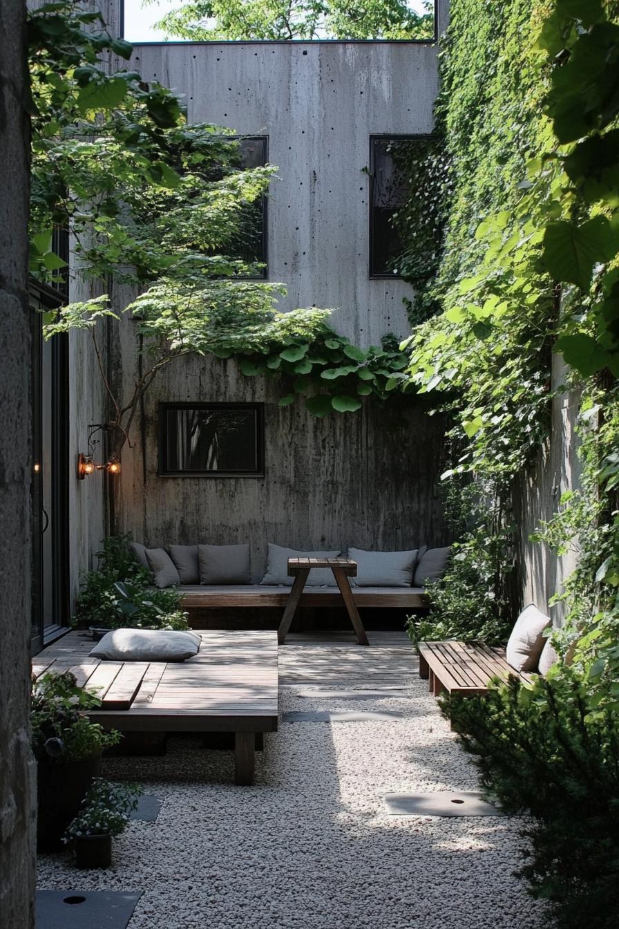 tiny backyard patio zen garden between concrete walls with vines there are young trees lined against one wall there is wooden deck with benches and