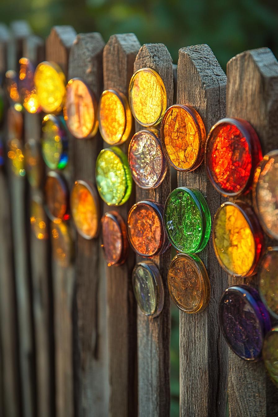 wooden picket fence decorated with recycled multi colored stained glass pieces in irreguar round shapes