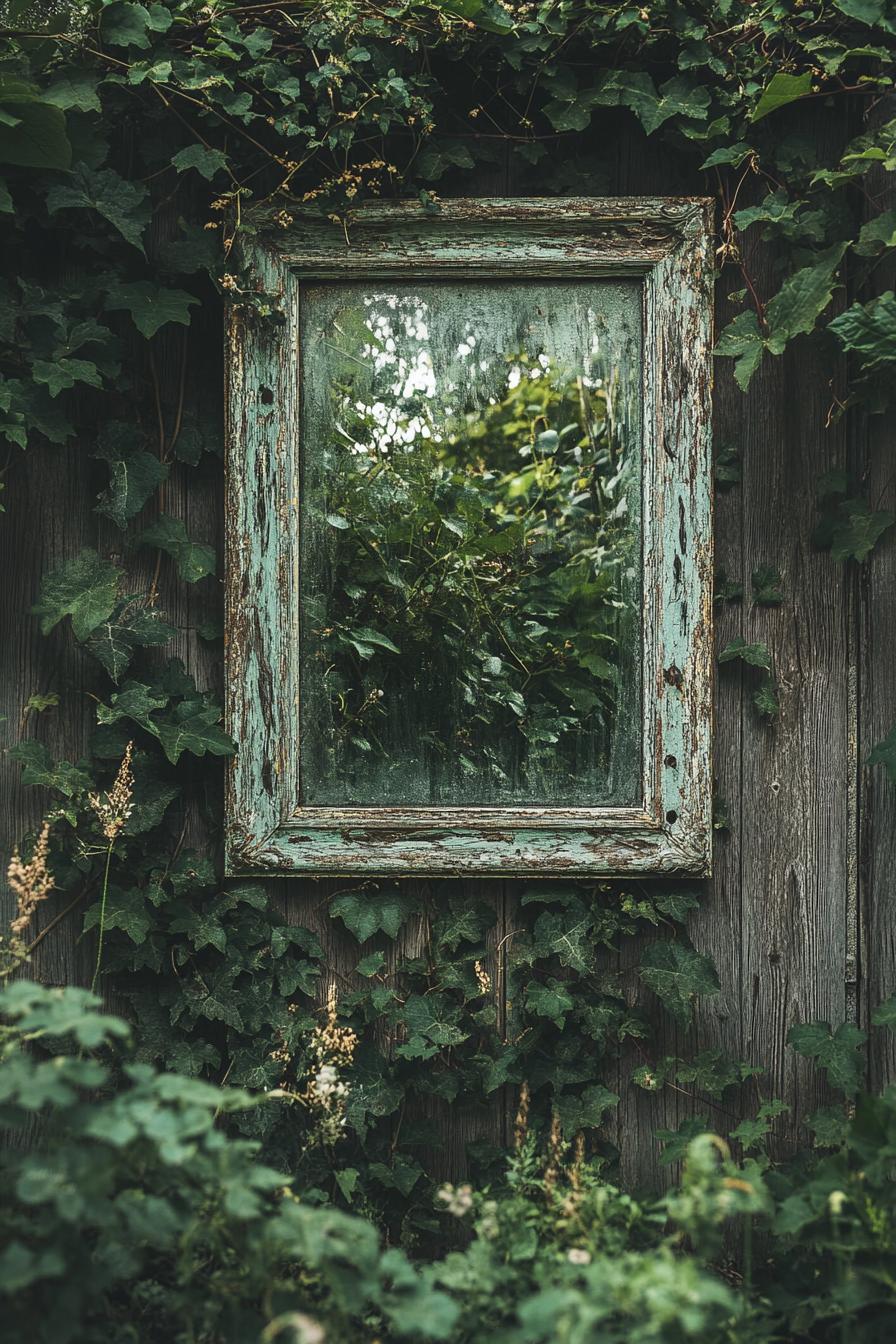 a lush garden with a vintage mirror on a wooden wall overgrown with vines 1