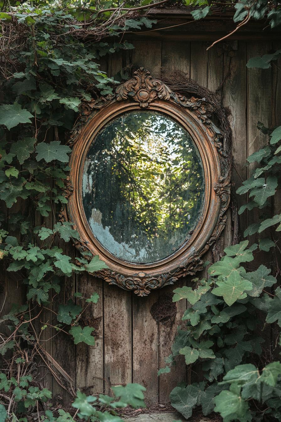 a lush garden with a vintage mirror on a wooden wall overgrown with vines 2