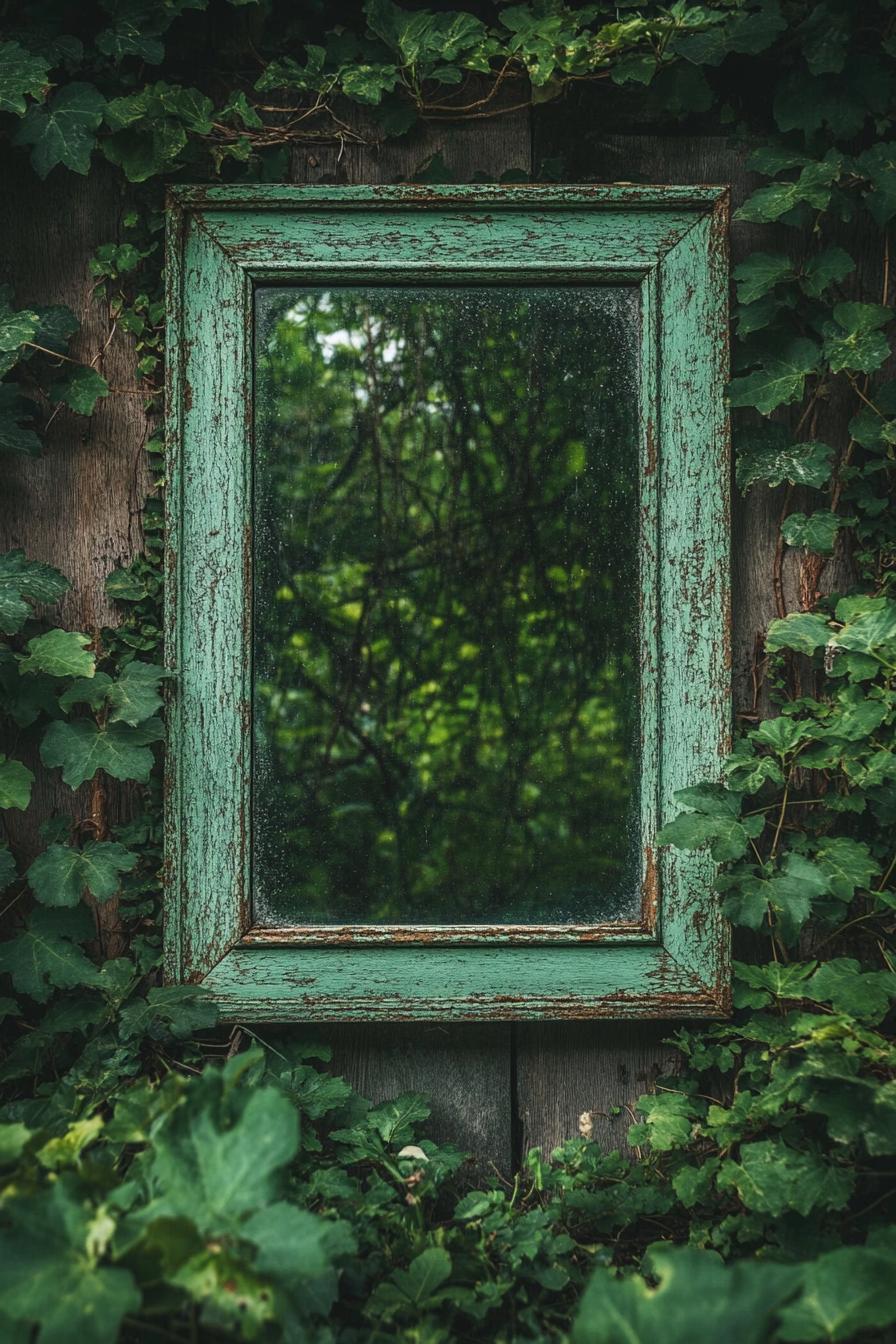 a lush garden with a vintage mirror on a wooden wall overgrown with vines 3