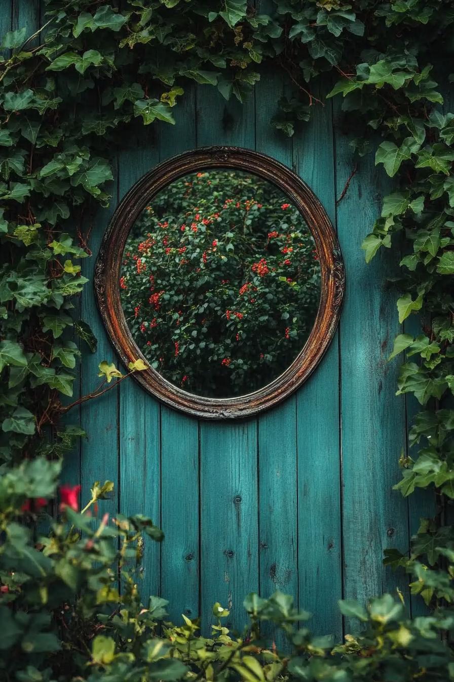 a lush garden with a vintage mirror on a wooden wall overgrown with vines